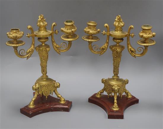 A pair of ormolu and rouge marble two branch candelabra height 32cm